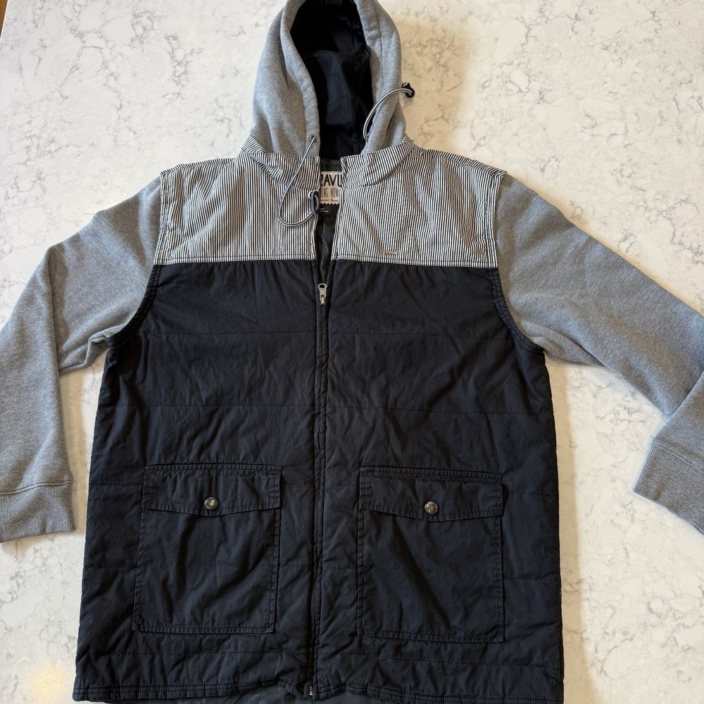 Dravus Men's XL Hooded Jacket Full Zip Black Gray Pinstripe Skate Streetwear
